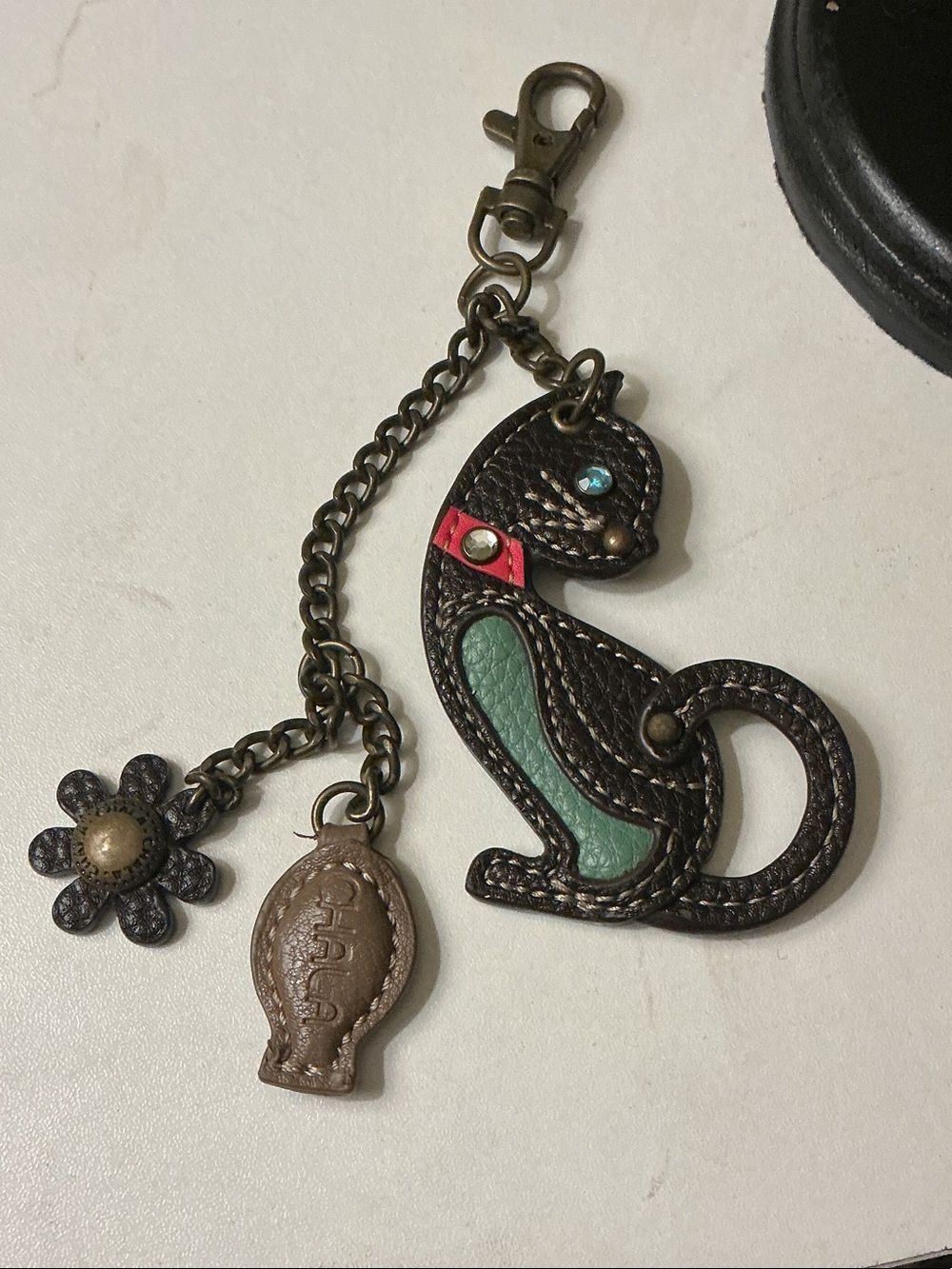 Chala Cat Fish Flower Bag Charm Brown Teal Red Accents Brass Hardware